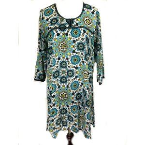 Blue Mandala Tunic Top Long India Side Slits 3/4 Sleeve Sequin Accents X Large